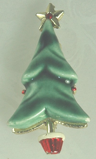 Striking Painted Porcelain Christmas Tree Pin Signed BEATRIX