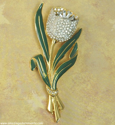 Vintage CORO ADOLPH KATZ Enamel and Rhinestone Tulip Pin with Trembling Stamens ca. 1939