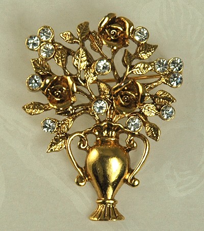 Golden Giardinetti Rhinestone and Roses Pin Signed 1928