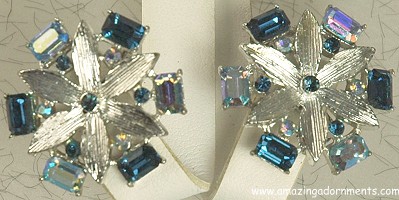 Vintage Signed FRANCOIS [CORO] Blue Rhinestone Floral Earrings