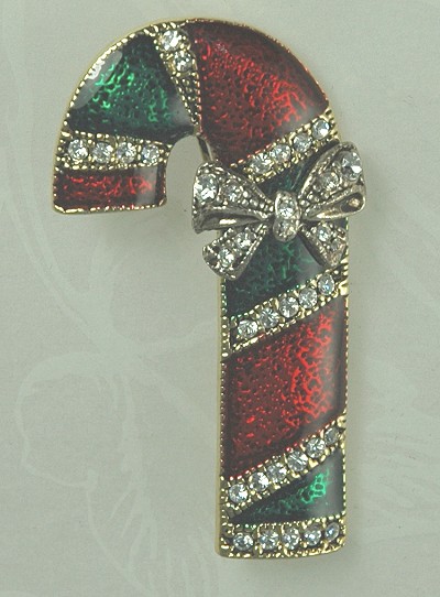 Sweet Christmas Candy Cane Pin with Rhinestones
