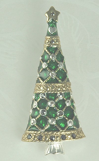 Unsigned Christmas Tree Pin with Inlay and Rhinestones