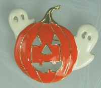 Enameled Jack O' Lantern and Ghost Halloween Pin/Brooch