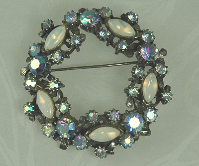 Impeccable Rhinestone and Moonstone Circle Brooch Signed FLORENZA