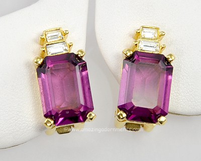 Electrifying Designer Signed CHRISTIAN DIOR Amethyst Glass and Clear Baguette Earrings