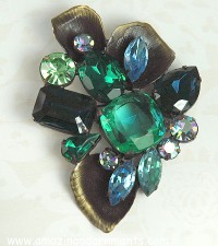 Fabo Should be Signed Vintage Blue and Green Rhinestone Brooch