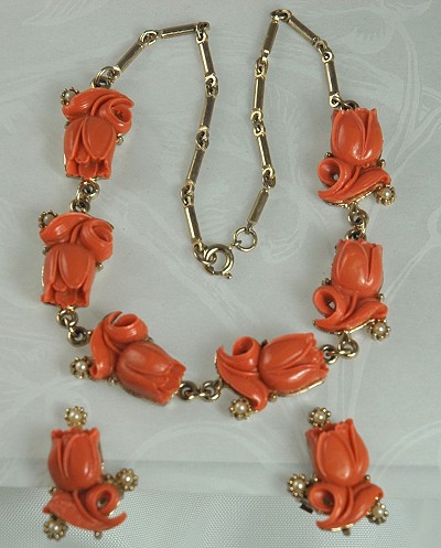 Adorable Vintage Coral Colored Roses and Faux Pearl Demi Signed CORO