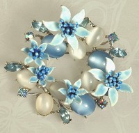 Enamel Wreath Floral Moonstones and Rhinestones  Brooch Signed COROCRAFT