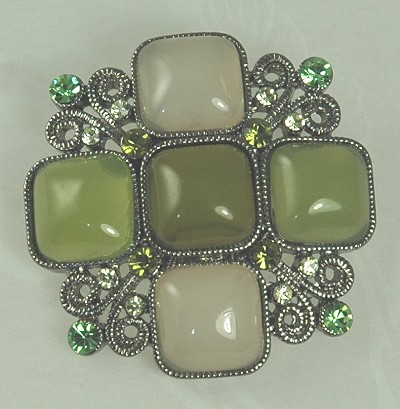 Appealing Celtic Look Brooch with Rhinestones and Cabochons