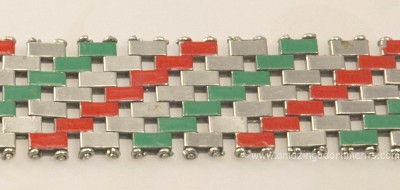 JAKOB BENGEL Art Deco Chrome Bracelet with Red and Green Enamel