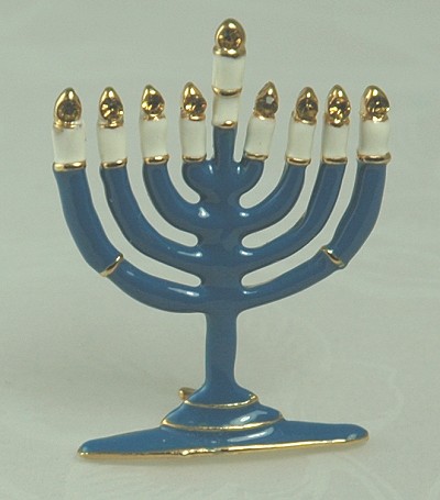 Menorah Combination Pin/Pendant in Blue, White and Gold Enamel