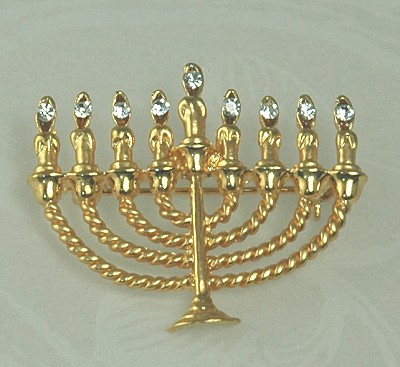 Gold Plated Menorah Brooch with Rhinestone Flames