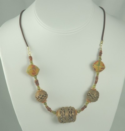 Amazing Adornments Artisan Hand Made Brass, Glass, and Leather Necklace
