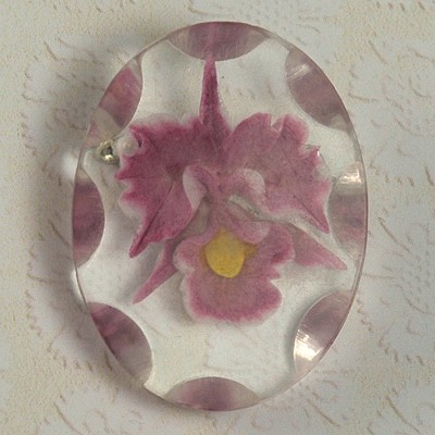 Marvelous Reverse Carved Lucite Pin with Purple Iris or Orchid