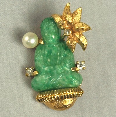 Signed JOMAZ Sitting Buddha Glass Pin with Faux Pearls and Rhinestones