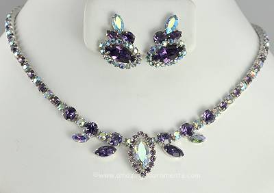 Elegant Vintage Signed SHERMAN Amethyst and Blue AB Rhinestone Demi- parure