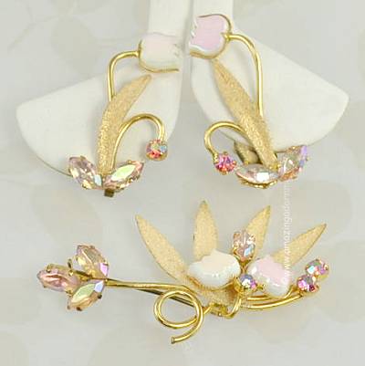 Delicate Vintage Signed WEST GERMANY Pink Tulip and Rhinestone Demi- parure