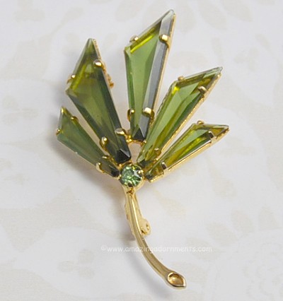 Vintage Signed MADE in AUSTRIA Green Keystone Leaf Brooch