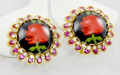 Pretty Vintage Pink and Clear Rhinestone Earrings with a Rose Center