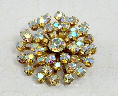 Beautiful Dimensional Aurora Borealis Rhinestone Brooch Signed TRIAD