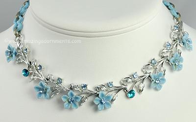 Attractive Blue Thermoplastic Flower Necklace with Rhinestones