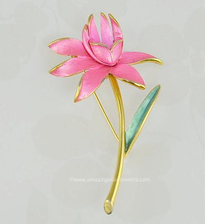 Signed PARKLANE Vivid Pink and Green Enamel Flower Pin