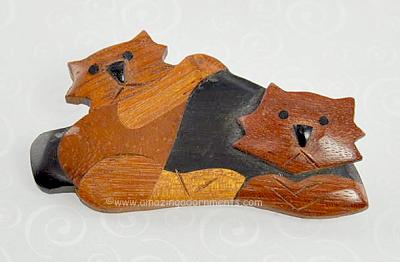 Darling Unsigned Wooden Resting Bears Brooch