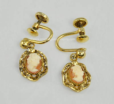 Meticulous Vintage Gold- filled Earrings with Mini Cameo Dangle