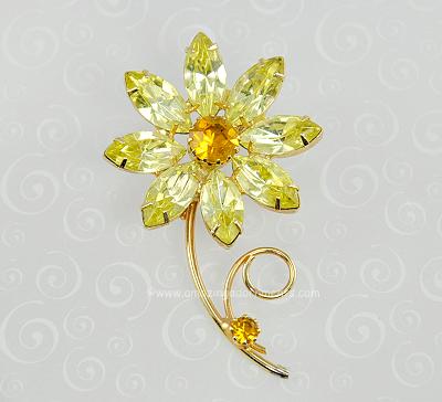 Dazzling Vintage Amber and Jonquil Rhinestone Flower Brooch