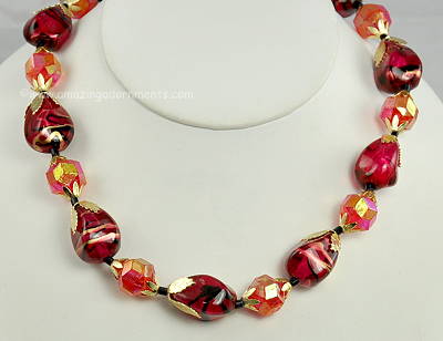 Vintage Ornamental Plastic Red and Black Bead Necklace Signed HONG KONG