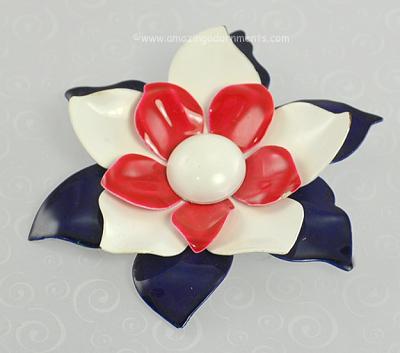 Vintage Patriotic Red, White and Blue Sizeable Flower Power Enamel Brooch