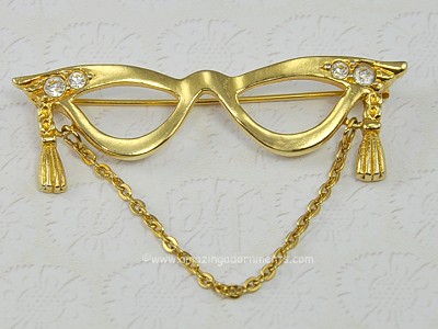 Fanciful Mask or Opera Glasses Pin with Rhinestones and Chain Signed AVON