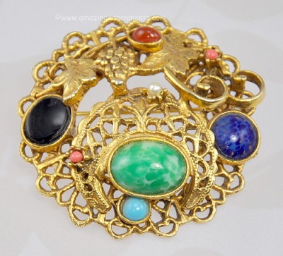 Vintage Elaborate Multi- level Brooch with Stones and a Faux Pearl