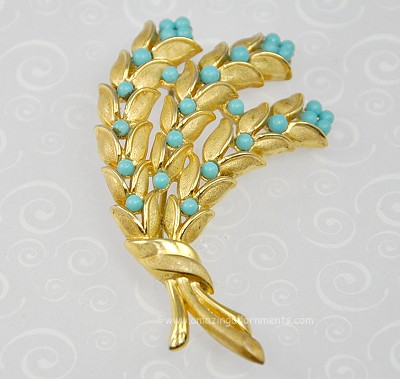 Vintage Signed CROWN TRIFARI Sheaths of Wheat Brooch with Faux Turquoise