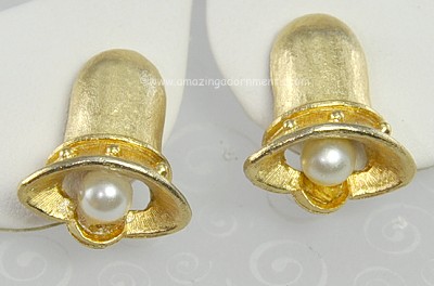 Delightful Vintage Bell with Faux Pearl Clapper Earrings Signed CATHE