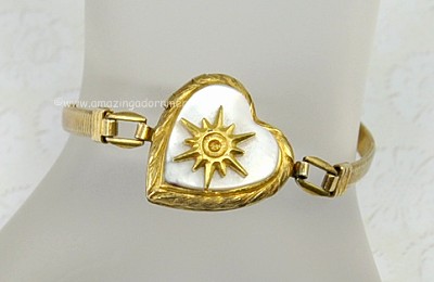 Dainty 1940s Gold- filled over Sterling Sweetheart MOP Locket Bracelet Signed DUROCHARM