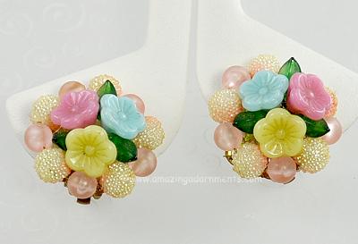 So Fun Colorful Mixed Plastic Bead Flower Earrings Signed JAPAN