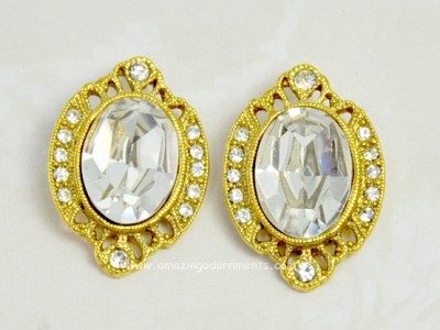 Extravagant Antique Style Rhinestone Earrings Signed MONET