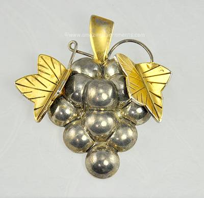 Dimensional Mixed Metal Grapes and Leaves Brooch/Pendant Combo Signed BEST