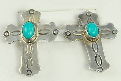 Signed Sterling Silver and Turquoise Stone Cross Post and Clutch Earrings