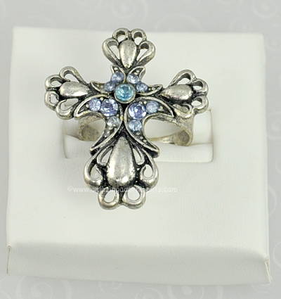 Elaborate Antiqued Silver- tone Cross Ring with Blue Rhinestones