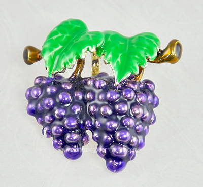 Weighty Brightly Enameled Double Bunch of Grapes Brooch Pendant Combo