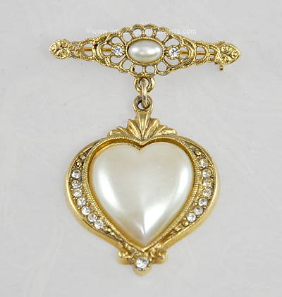 Gorgeous Unsigned Faux Pearl Heart Fob and Rhinestone Brooch