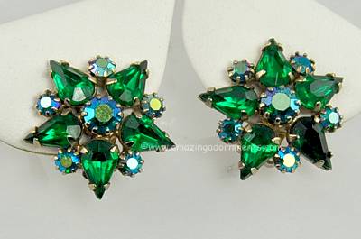 Glittery Vintage Emerald Green and Aurora Borealis Rhinestone Earrings