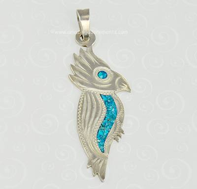 Marvelous Mexican Sterling Parrot Bird Figural Pendant with Turquoise Inlay