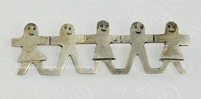 Mexican Sterling Silver Children Holding Hands Bar Brooch