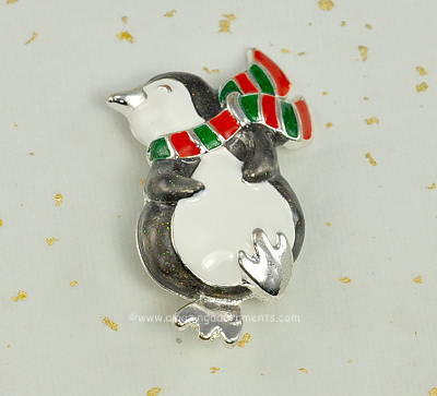 Happy Enamel Penguin Figural Brooch with Christmas Colored Scarf