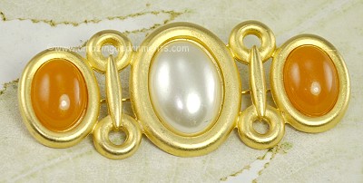 Satiny Gold- tone Bar Brooch with Pumpkin Cabochons and a Faux Pearl
