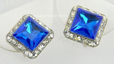 Dazzling Blue Glass and Clear Rhinestone Vintage Earrings