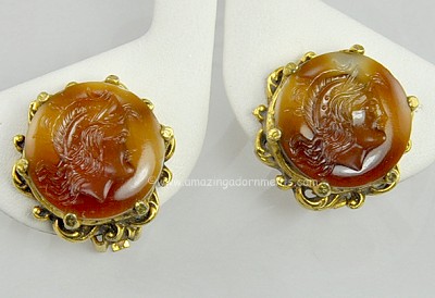 Gorgeous Vintage Old World Soldier Intaglio in Stone Earrings